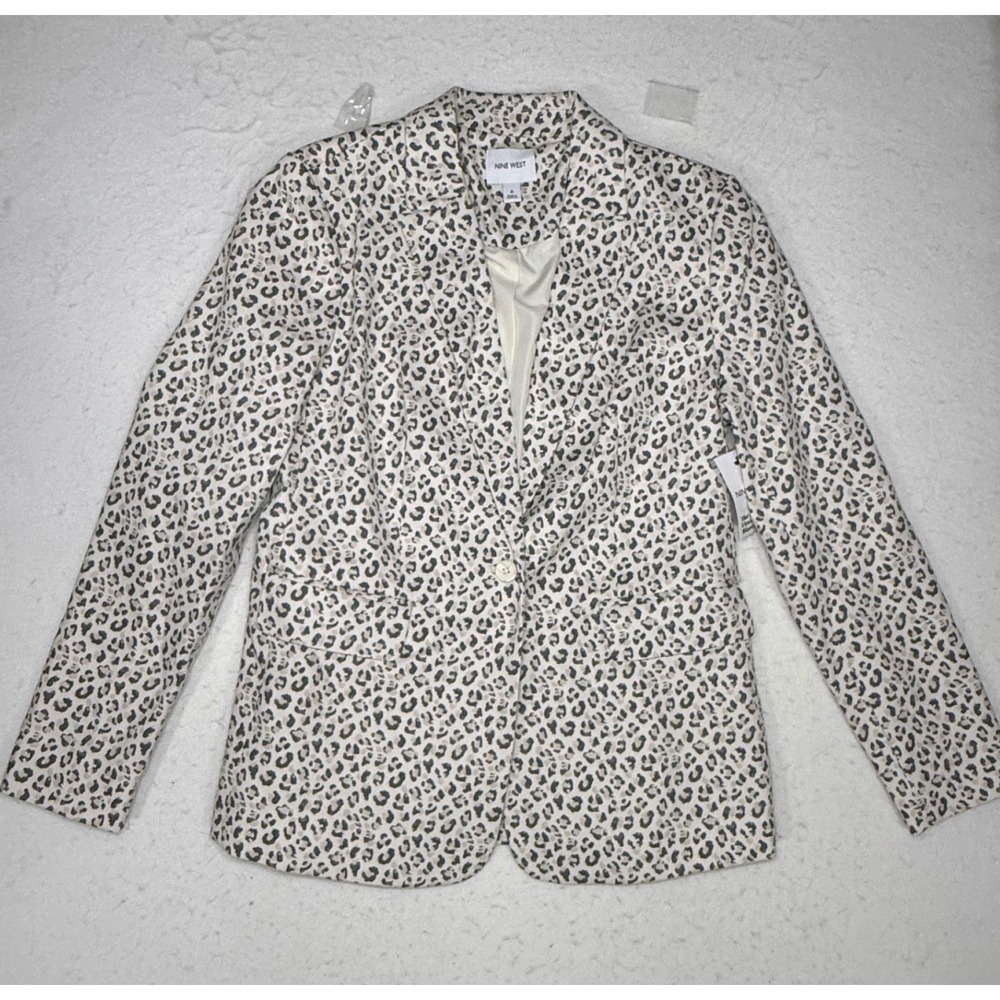 Nine West The Fitted City Blazer Leopard Print Neutral Career Jacket Size 6 NWT